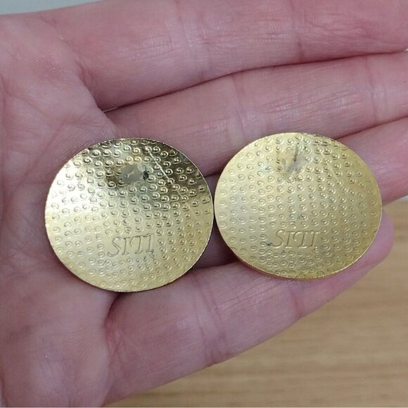 Vintage Signed SITI Cloisonne Enamel Round Earrings Blue Gold 90s Geometric - Picture 2 of 4